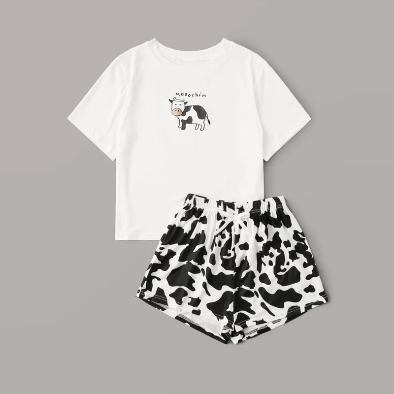 Cute Pajamas for Women Cow Print 2020 Pyjamas Women Short Sleeve Sleepwear Cartoon Print Pijamas Women Summer Home Clothes
