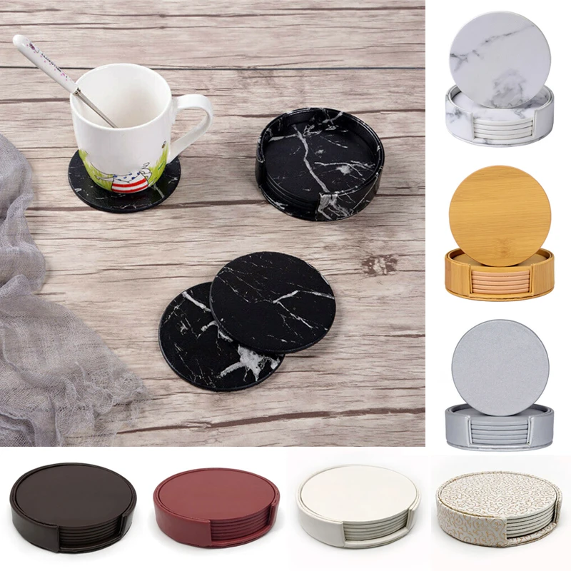 6PCS Hot Sale PU Leather Marble Coaster Drink Coffee Cup Mat Easy to Clean Placemats Round Tea Pad Table Pad Holder onderzetters