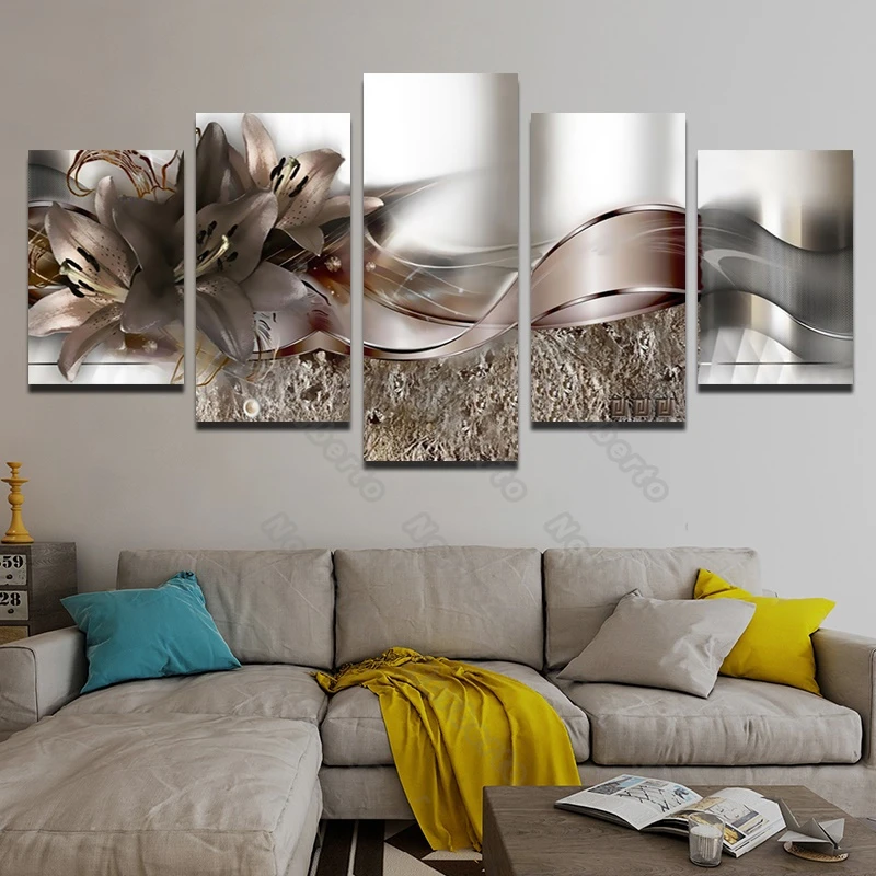 5 Pieces European Style Canvas Painting Wall Poster Art Picture Silver Gorgerous Flowers Shining Light for Home Rooms Decoration