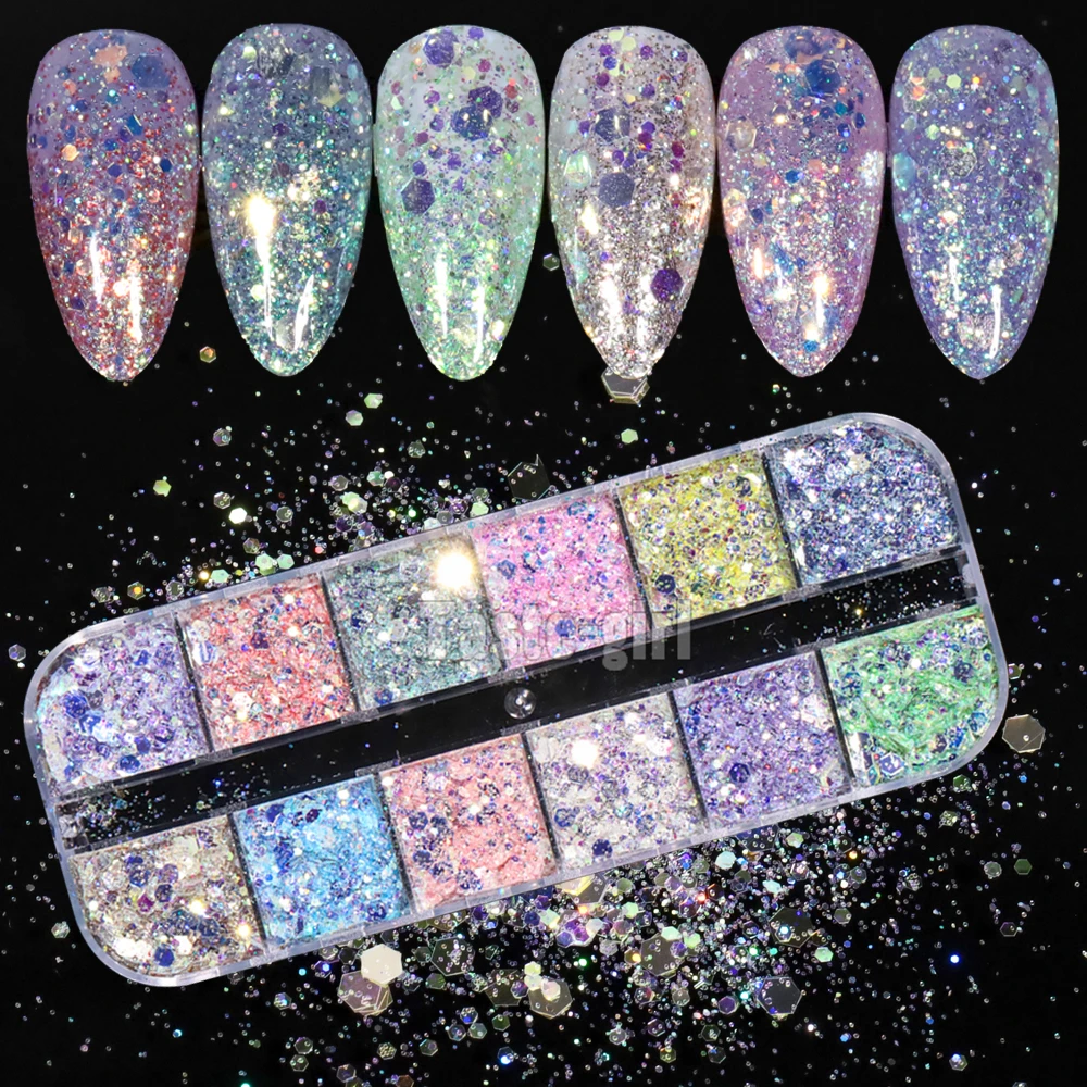 12 Grids Nail Mermaid Glitter Flakes Sparkly 3D Hexagon Colorful HOLO Sequins Spangles Polish Manicure Nails Art Decorations