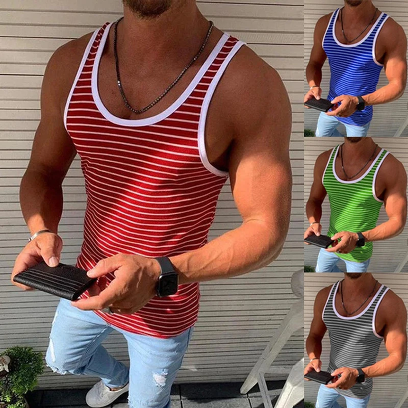 Men Vests Summer Sleeveless Shirts Gym Clothing Men Stripped Sports Casual Fitness Tanks Slim Fit Mens Bodybuilding Tank Tops