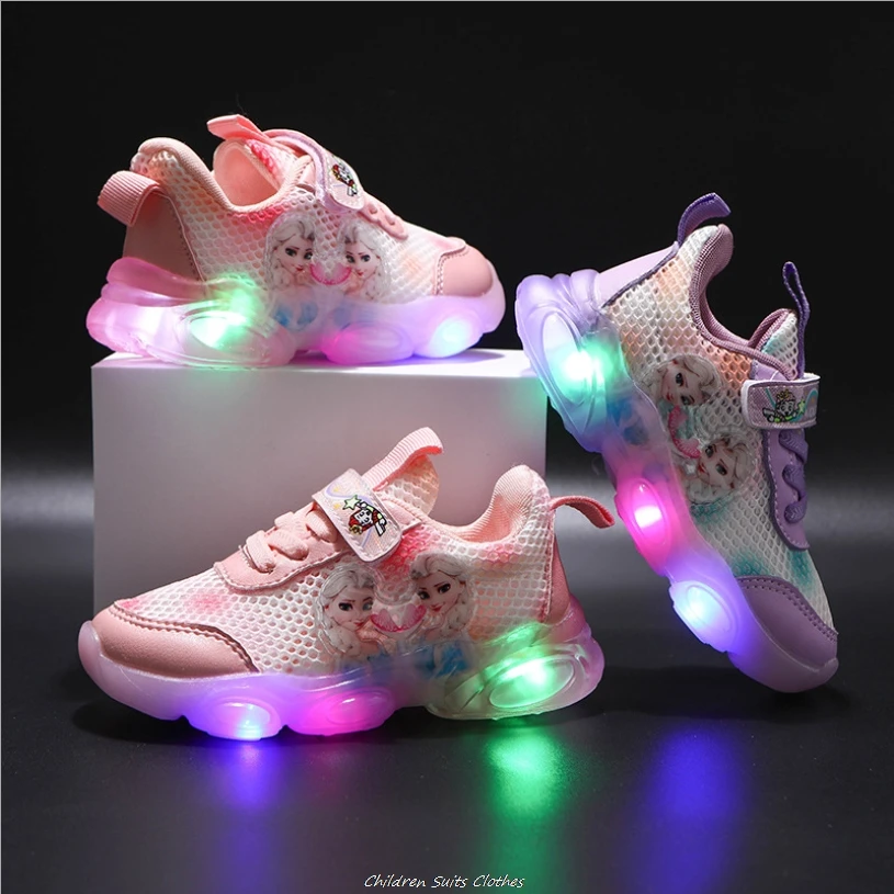 Disney Autumn Cartoon Frozen Kids Glowing Sneaker Girls Led Boys Shoes Mesh With Lights Children Luminous Shoes Chaussure Enfant