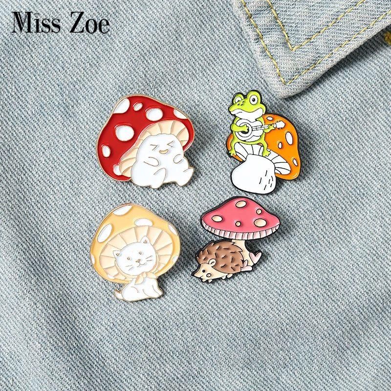 Mushroom Enamel Pin Custom Cat Frog Hedgehog Brooches Shirt Lapel Bag Cartoon Cute Animal Badge Jewelry Gift for Kids