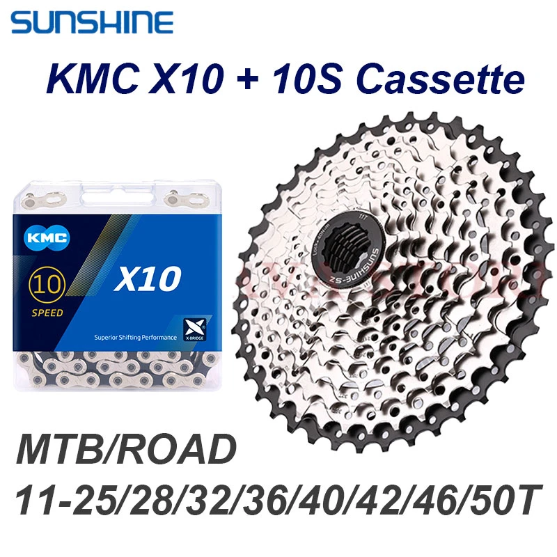 Sunshine Road MTB Cassette 10S Set 11T-25/28/32/36/40/42/46/50T with KMC X10 Bike Chain 4601 10V Sprockets for Shimano 10 Speed