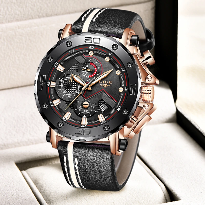 2021 Fashion Sport Men Watches LIGE Top Brand Luxury Big Dial Military Quartz Clock Leather Waterproof Chronograph Watch For Men