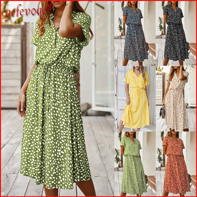 2021 Women Casual Summer Dresses Holiday Dot Print Empire Party Beach Short Sleeve Vestidos De Verano Robe Femme Long Dress