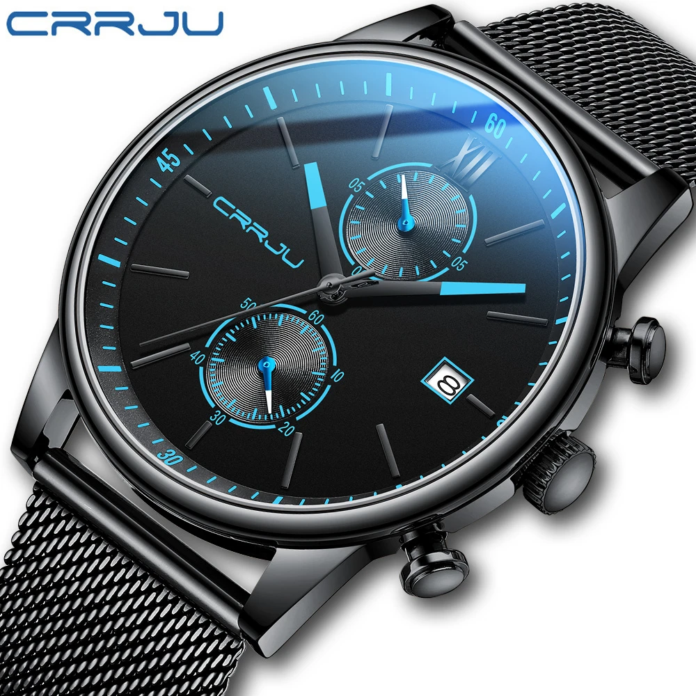 Watch CRRJU Men Luxury Casual Quartz Wristwatches with blue hands Sport Chronograph Clock Stainless Steel Wrist Watches for Male