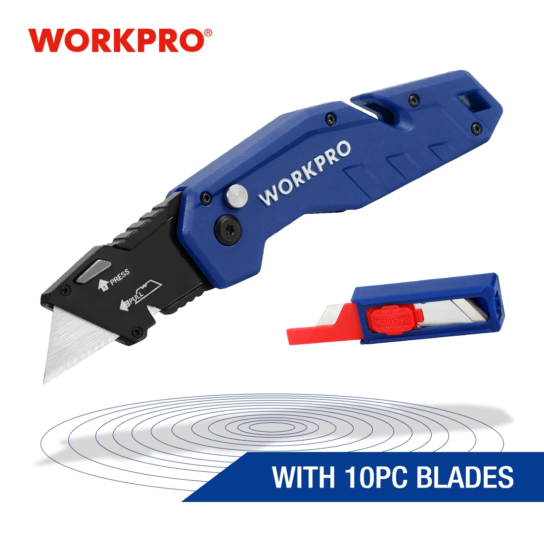 WORKPRO Lightweight Nylon Handle Folding Knife Electrician Pipe Cutter with 10-piece Extra Utility Knife With Belt