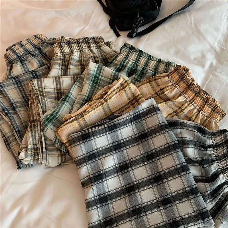 Vintage Plaid Pants Women High Waist Plus Size Wide Leg Casual Female Trousers 2021 Summer Joggers Clothes Streetwear Girl Pants