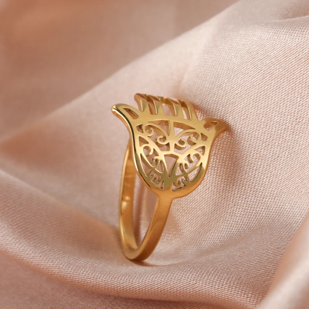 Skyrim Stainless Steel Hamesh Hamsa Hand Rings for Women Girls Gold Color Ring Amulet Fatima Palm Jewelry Gifts Wholesale 2021