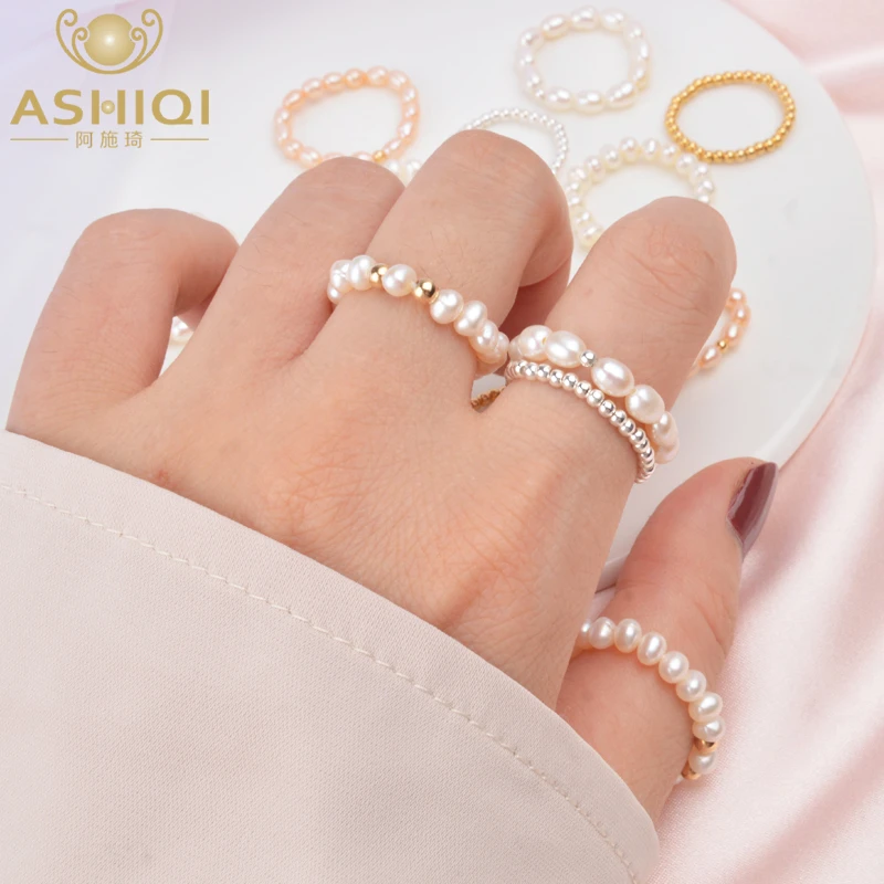 ASHIQI Fashion 3-4mm Mini Small Natural Freshwater Pearl Couple Rings for Women Real 925 Sterling Silver Jewelry for Women Gift