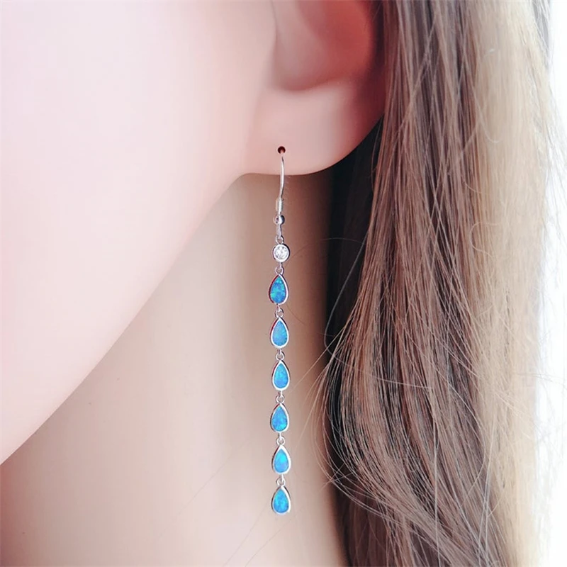 FDLK  Boho Vintage Water Drop Blue Imitation Fire Opal Long Dangle Earrings Zircon Earrings Ladies Fashion Wedding Party Jewelry