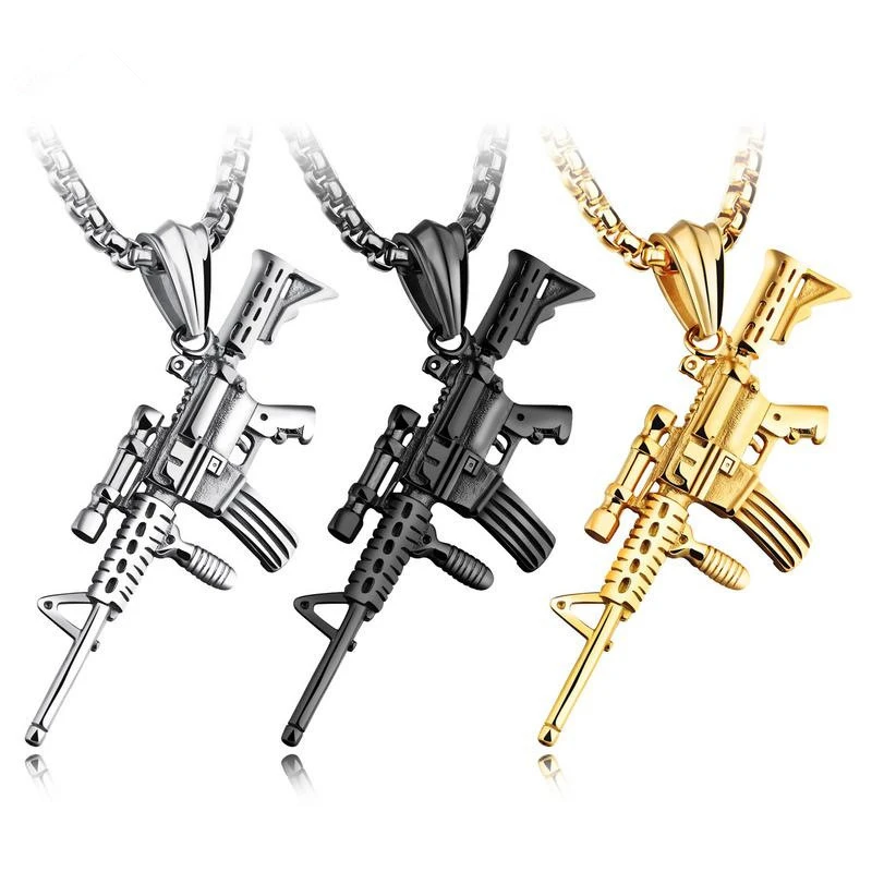 Charm Pistol UZI Gun Shaped Pendant Punk Gun Army Style Male Chain Necklace For Men corrente masculina Jewelry birthday Gifts