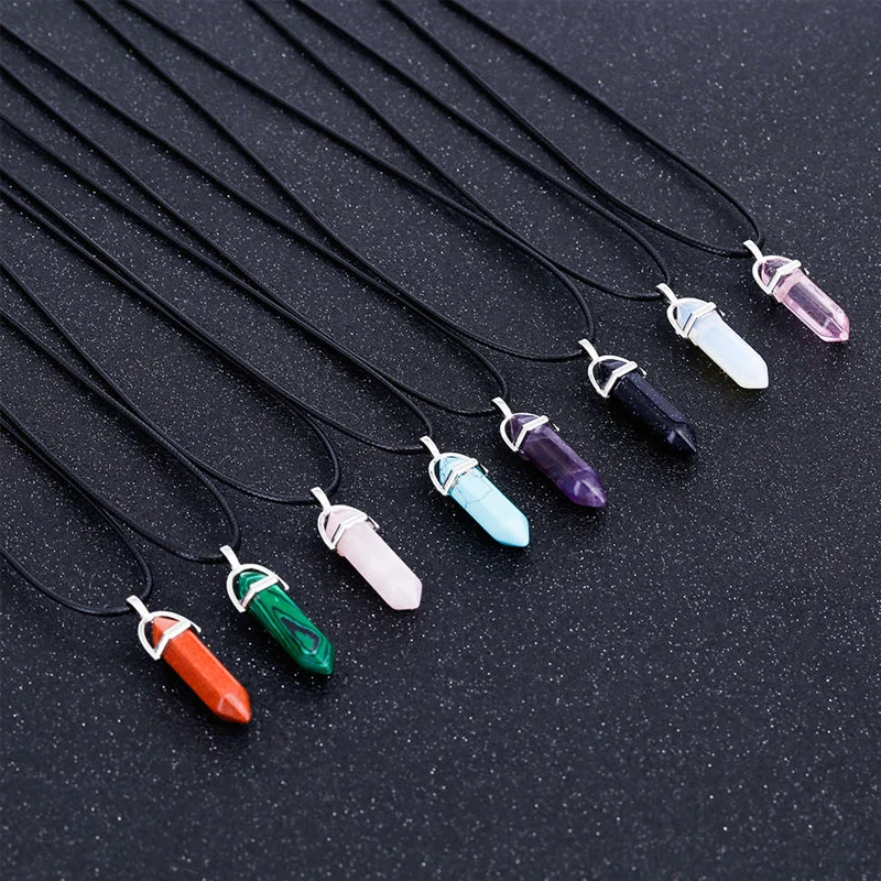 Hexagonal Column Necklaces Natural Crystal Pendants Stone Pendant Leather Chains Necklace For Women Trendy Jewelry