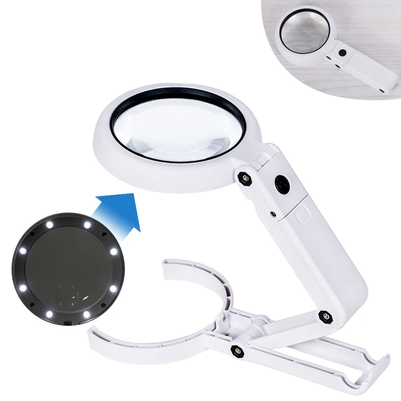Foldable Magnifier 5X 11X Magnifier Lamp For Newspape 8 LED Table Desk Stand Handheld Portable Magnifying Glass Loupe C