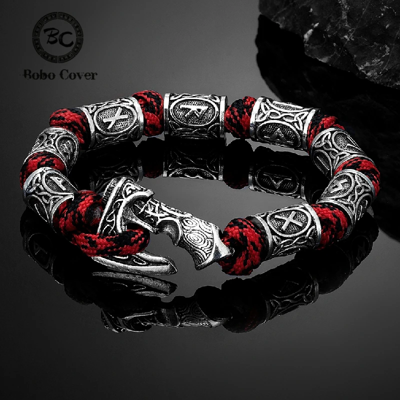 Norse Vikings Axes Wrap Bracelets Men Mjolnir Hammer Camping Paracord Survival Rope Wristband Amulet Handmade Male Jewelry Gifts