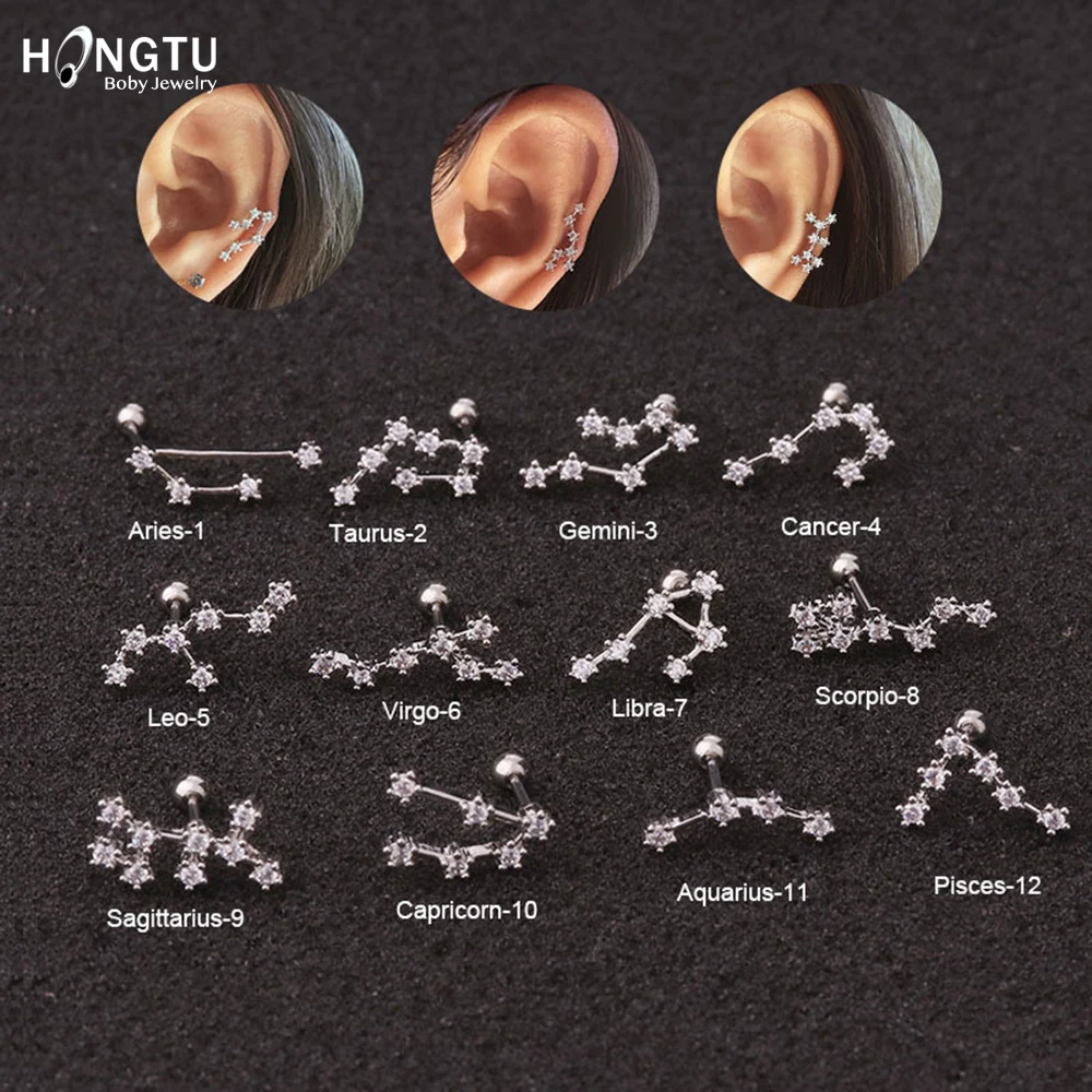 HONGTU 1PC 12 Constellation Zircon Tragus Ear Piercing Surgical Steel Shaft Bar Star Daith Earrings Helix Cartilage Studs 20g