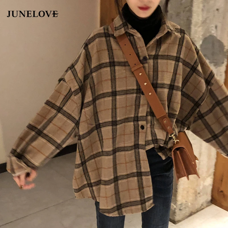 JuneLove Female Autumn Street Blouse Shirts Vintage Oversized Plaid Flannel Boyfriend Tunic Shirt for Women Casual Korean Tops