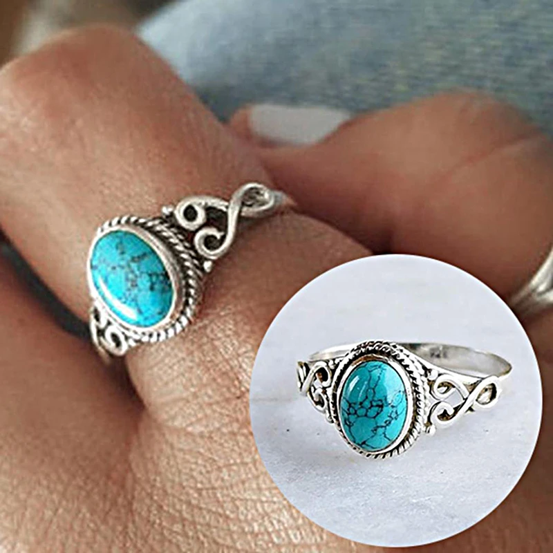 Vintage Antique Natural Stone Ring Fashion Jewelry Gift Turquoises Finger Ring For Women Wedding Anniversary Valentine's Day Rin