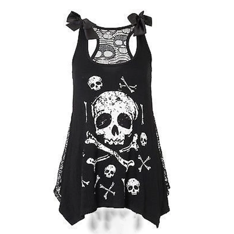 2021 Summer Womens Fashion Flowered Skull Printed Goth Top Women Lace Back Tank Top O-Neck tshirts Vest Halter Sleeveless Top