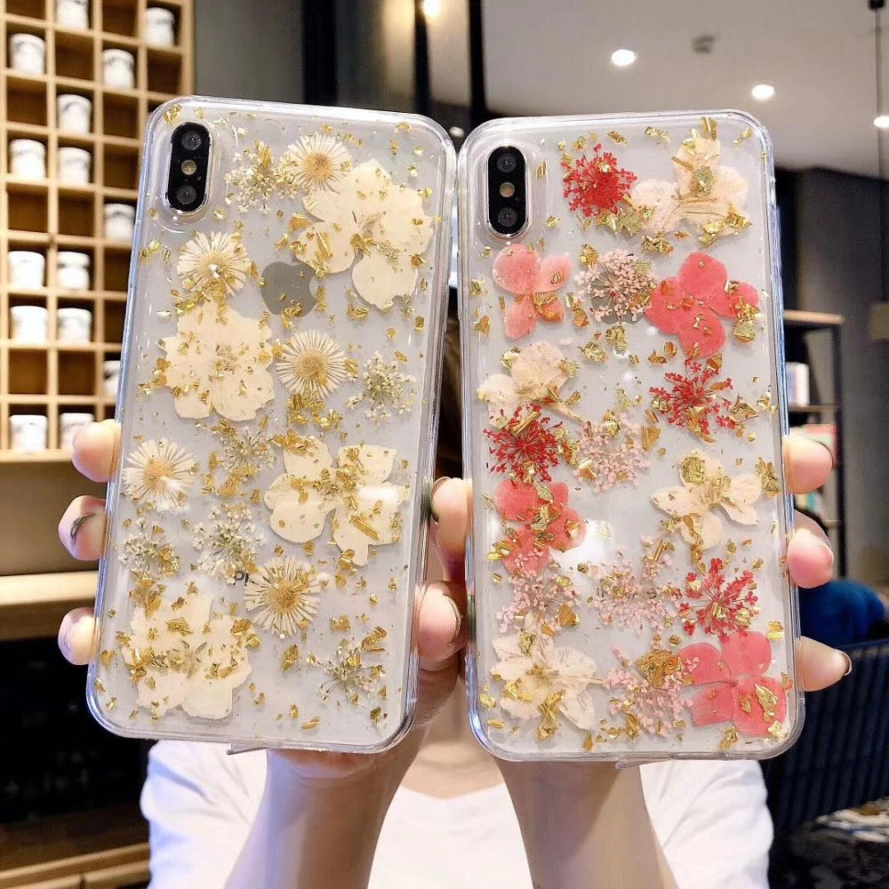 Qianliyao Real dried flower phone case for iphone 13 12 11 pro max X XS XR 7 8 plus 6s SE Cases Gold Silver Platinum Soft Cover