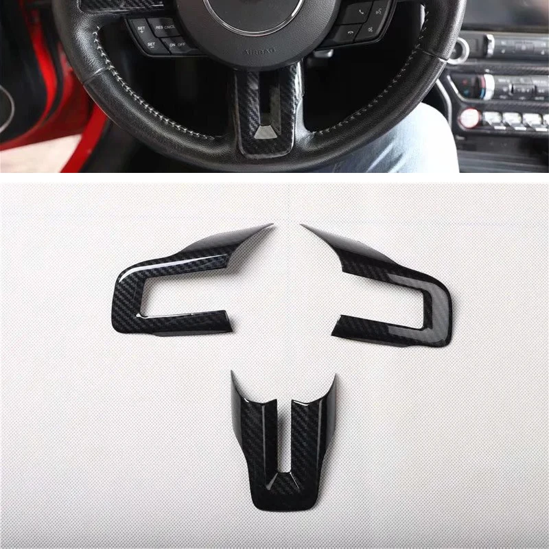 For Ford Mustang 2015-2020 3PCS Carbon Fiber ABS Car Interior Steering Wheel Cover Trim Moldings Car Styling