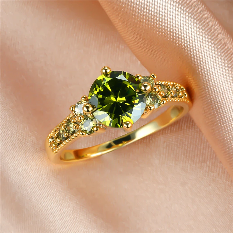 Charm Female Olive Green Crystal Stone Ring Vintage Gold Color Thin Wedding Rings For Women Luxury Round Zircon Engagement Ring