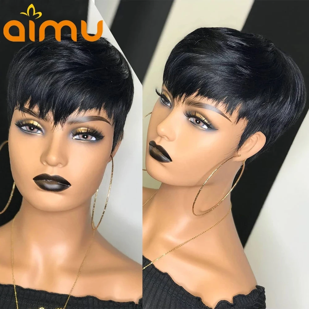 Pixie Cut Wig Full Machine Made Wig with Bangs Glueless Short Bob Wigs for Black Women 150% Density Remy Brazilian Hair