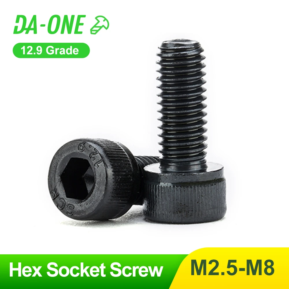 DA-ONE 10pcs M2.5 M3 M4 M5 M6 M8 Grade 12.9 Black Hexagon Hex Socket Allen Head Cap Screw Din912 Allen Bolt Screw L=5-50mm