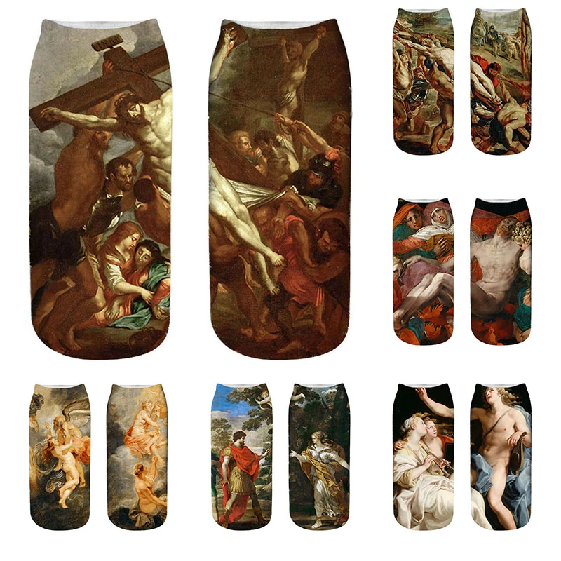 New Fashion 3D Printed Women Cotton Socks Retro Harajuku Art Oil Painting Stitching Pattern Men Happy Unisex Low Ankle Socks