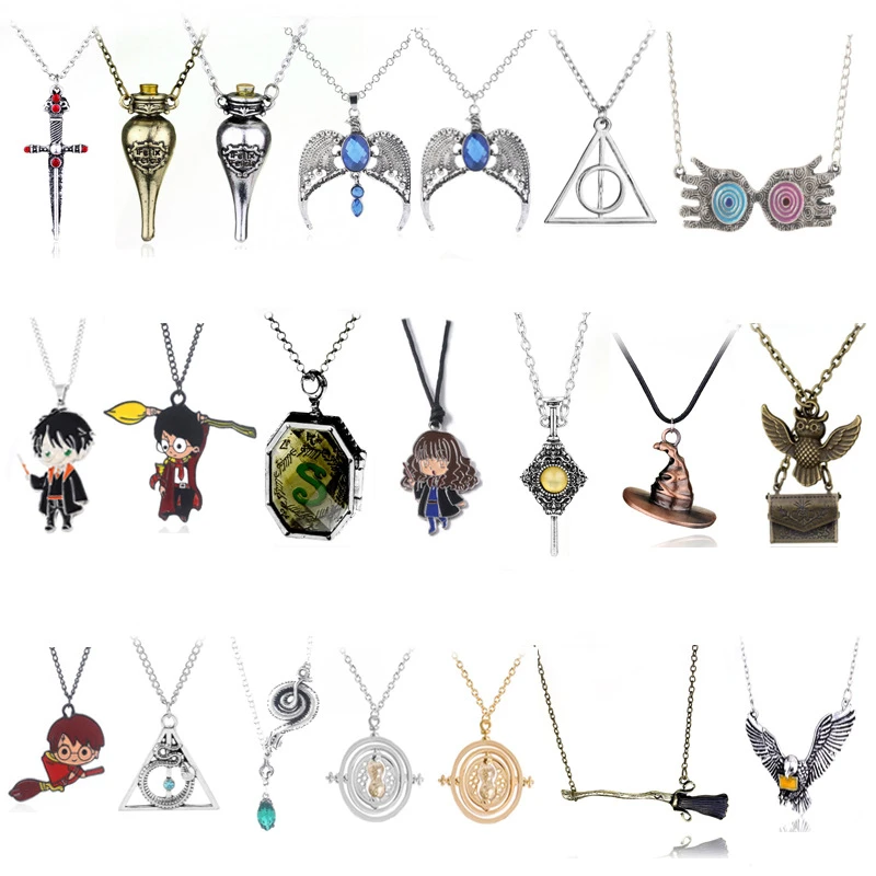 2020 Harries Potter Time Turner Hourglass Necklace Jewelry Pendant Magic Wand Hermione Red Stone Golden Snitche Death HallowToy