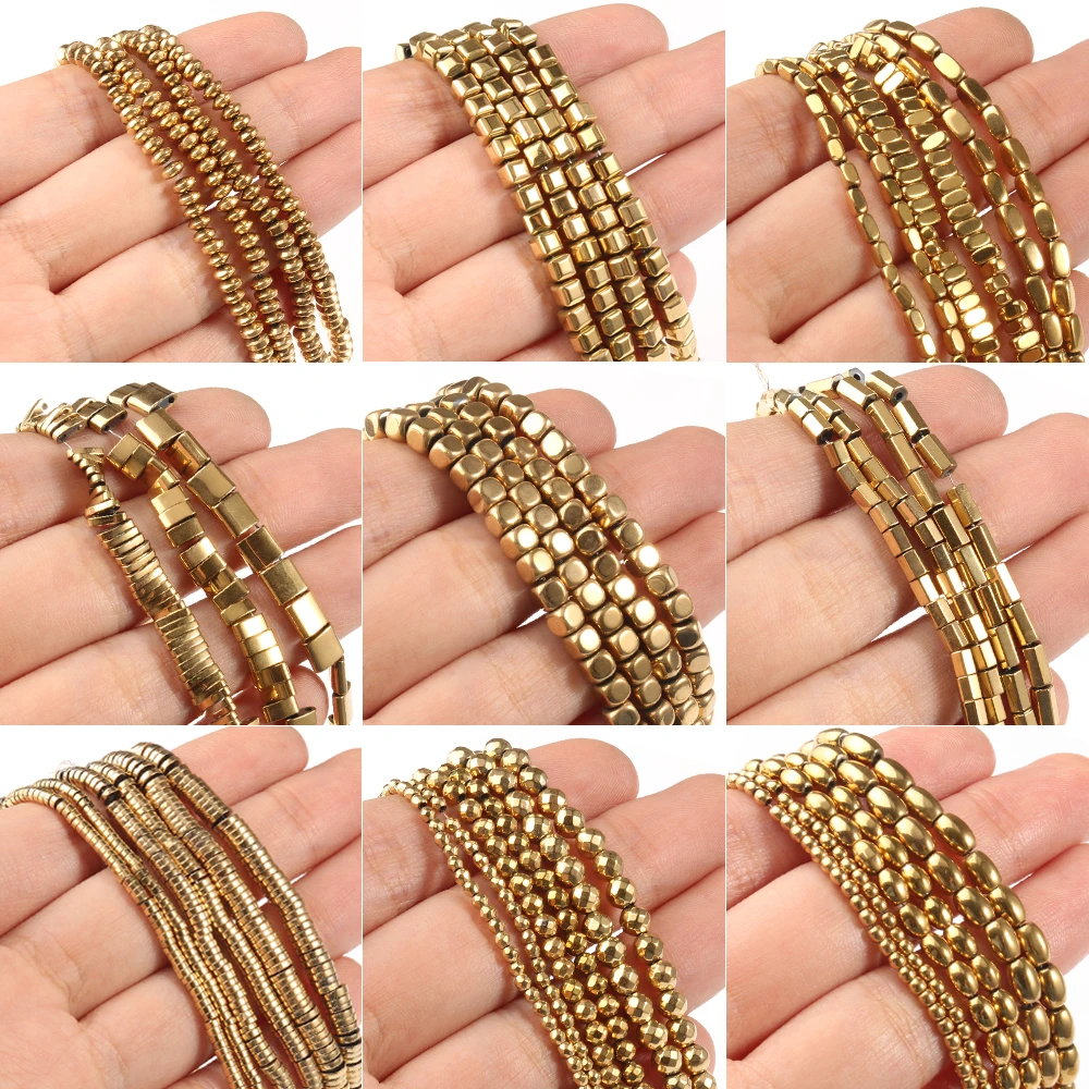 AAA+ Color Retention Gold-Plated Hematite Beads Natural Stone Round Cube Spacer Loose Beads for jewelry Making DIY Bracelet 15''