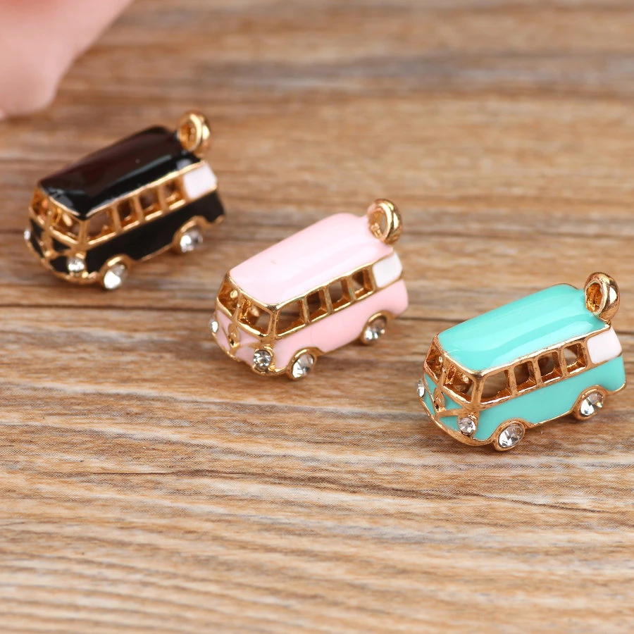 MRHUANG 5PCS Lucky Happiness Bus Enamel Pendant Charms Gold Tone Oil Drop DIY Bracelet Floating Charms