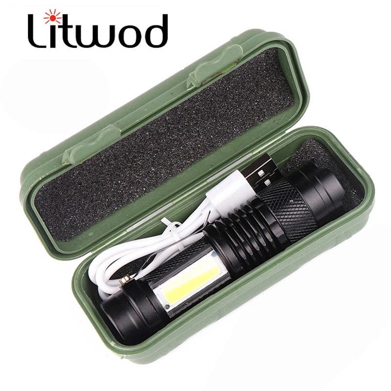 Power Torch Aluminum Alloy USB Rechargeable LED Mini Telescopic Zoom 120LM 3W LED and Side Cob 100 Meters Glare Flashlight