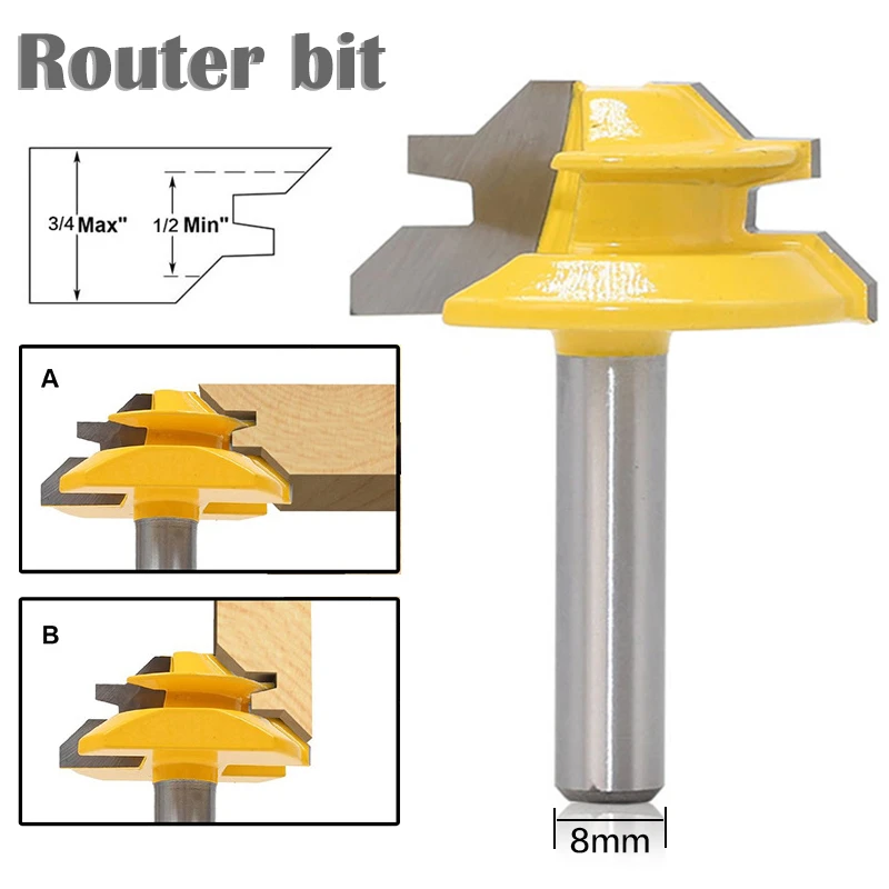 1Pc 45 Degree Lock Miter Router Bit 8*1-1/2 Inch Shank Woodworking Tenon Milling Cutter Tool Drilling Milling For Wood Carbide