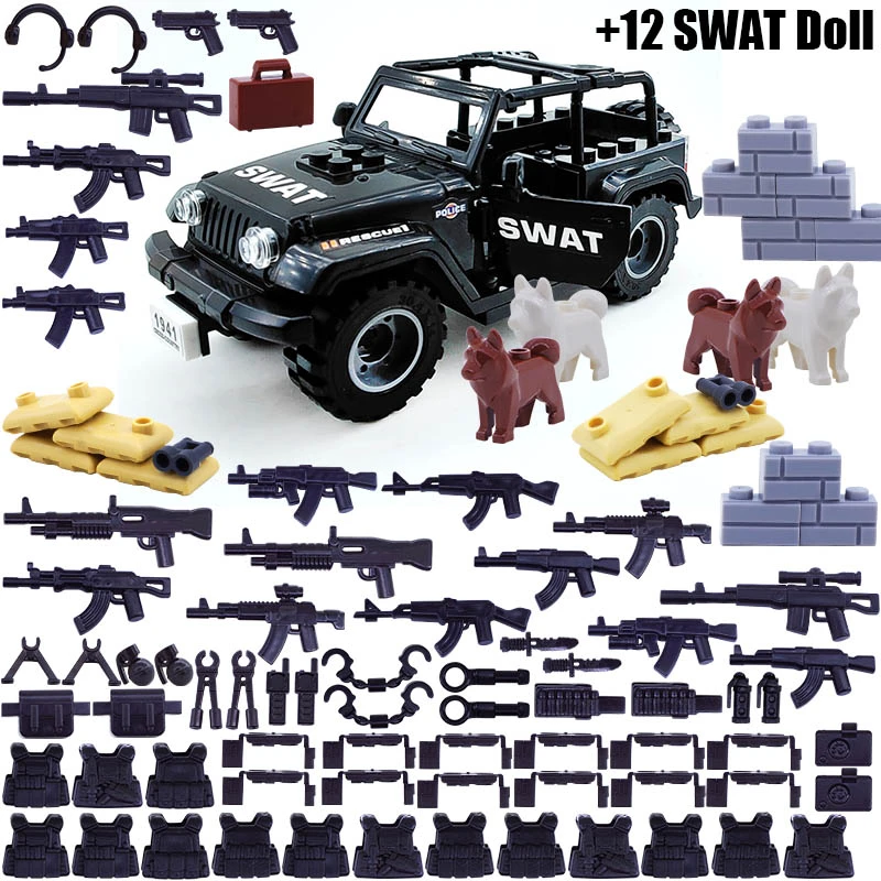 12pcs SWAT City Police Policeman Special Force With Jeeps Weapons Building Block Brick Mini Doll Action Figure Toy for Boy kids