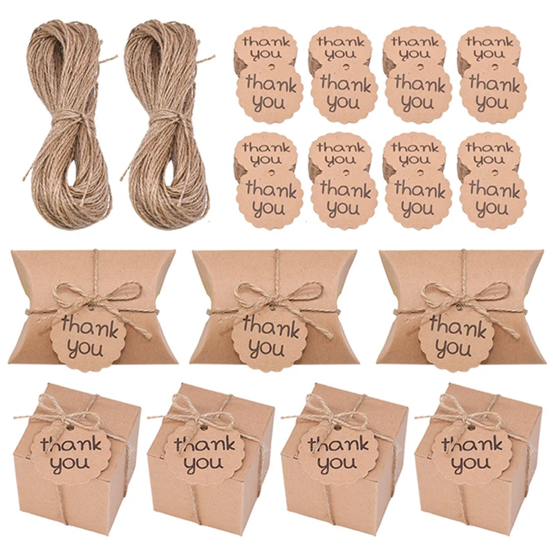 10/20/30/50pcs Mini Pillow Shape Kraft Paper Candy Box Wedding Gift Boxes With Ribbon And Thank You Tags For Home Party Supplies