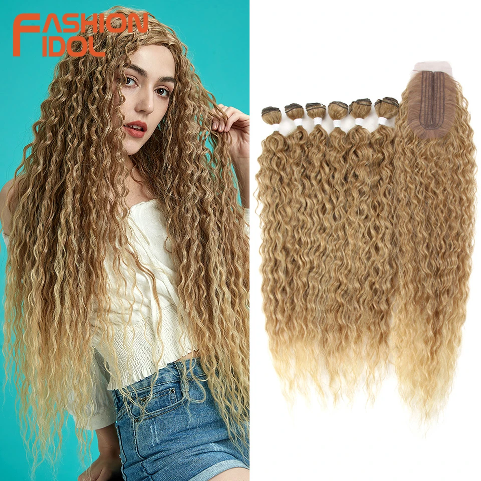 Synthetic Fake Hair Extensions Afro Kinky Curly Hair Bundles With Closure Ombre Golden 30 inch Soft Super Long Wave Hair Weave