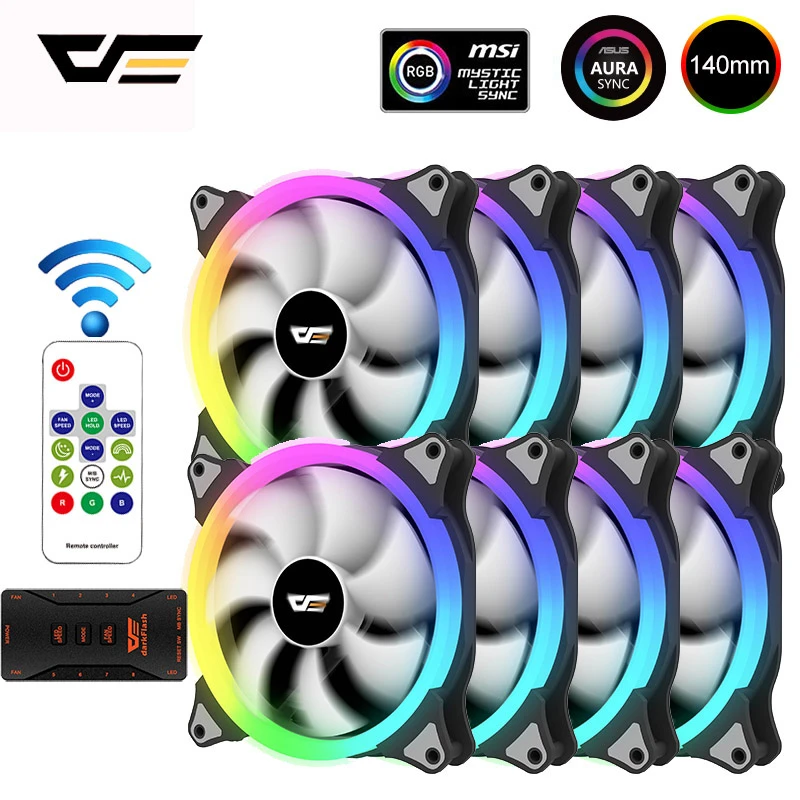 darkFlash 140mm Case Fan PC Cooling RGB Fan AURA SYNC 5V/3pin Header with IR Remote Quiet Computer Case CPU Cooler and Radiator