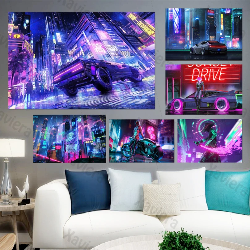 Future Sci-Fi Punk Style Art Poster Night City Street Scenery Canvas Painting Technology Wall Picture Home Decoration Room