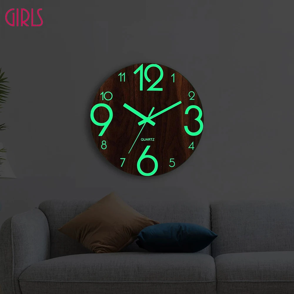 Wooden Wall Clock Luminous Number Hanging Clocks Quiet Dark Glowing Wall Clocks Modern Watches Home Decor Modern Christmas Gift