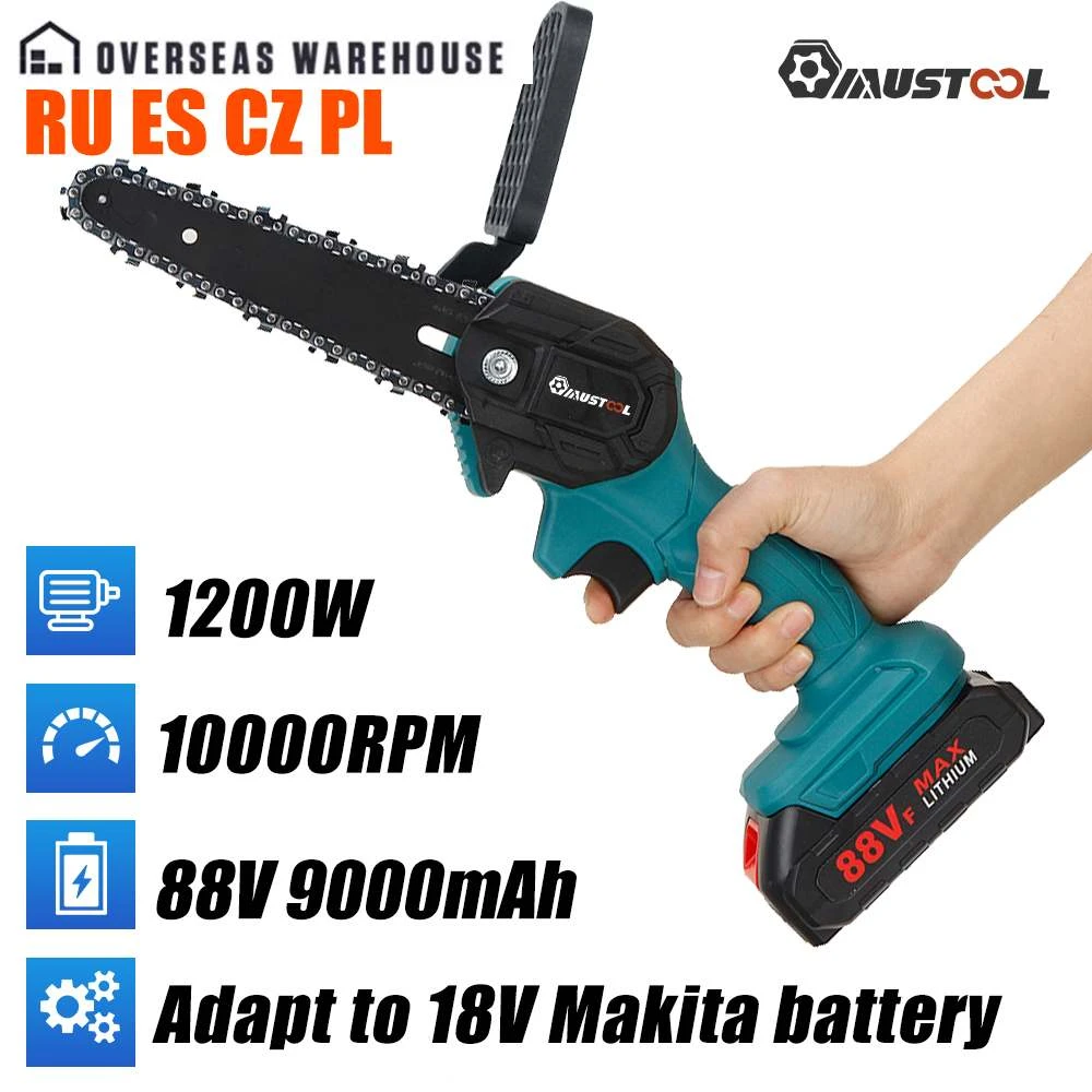 MUSTOOL 1200W 6 Inch Mini Electric Chain Saw Rechargeable Pruning Garden Logging Saw Woodworking Cutter Tools for Makita 18V