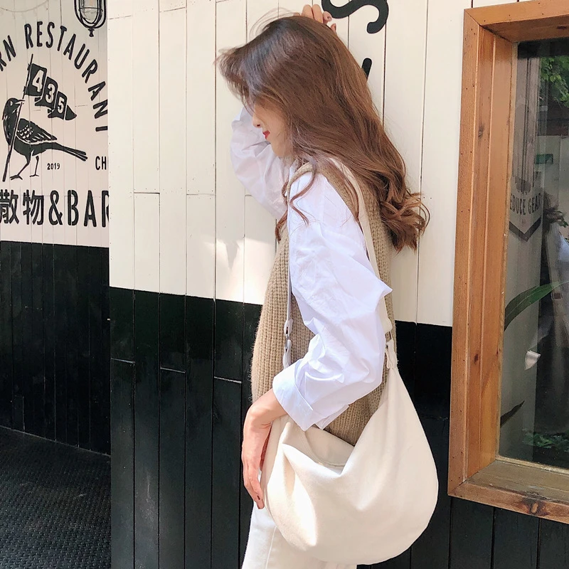 Women Canvas Messenger Bag Large Capacity Shoulder Bag Simple Zipper Semicircle Shape Cloth Purses Ladies Cotton Crossbody Bags