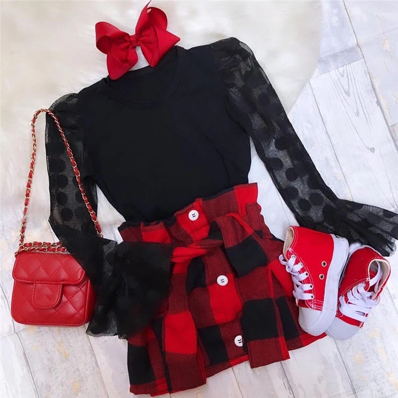 1-6Y Fashion Children Girls Clothing Sets Autumn Kids Girls Lace Mesh Flare Sleeve T-shirts+Plaid A-line Skirts Xmas Clothes