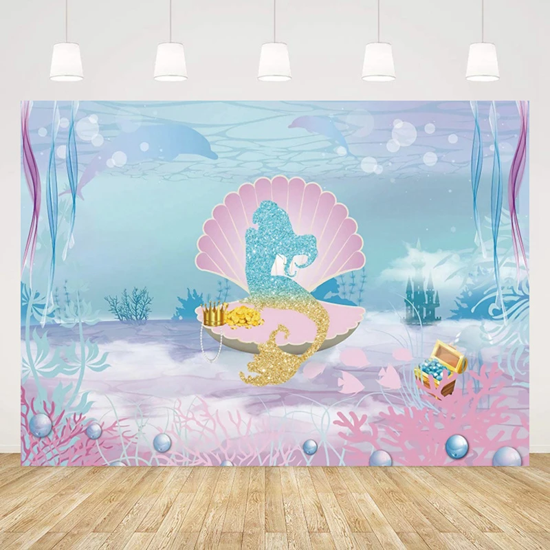 180x110cm Little Mermaid Party Backdrops Under the Sea Party Photography Background Kids Birthday Party Decorations Baby Shower