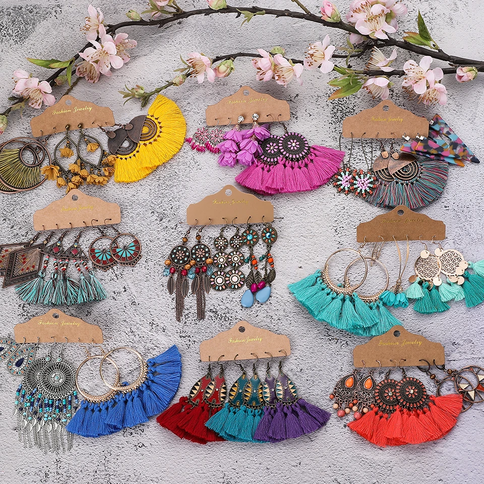 Ethnic Sundry Color Feather Tassel Earrings Sets Bundles for Women 2020 Boho Vintage Metal Water Drop Earring Jewelry Gifts