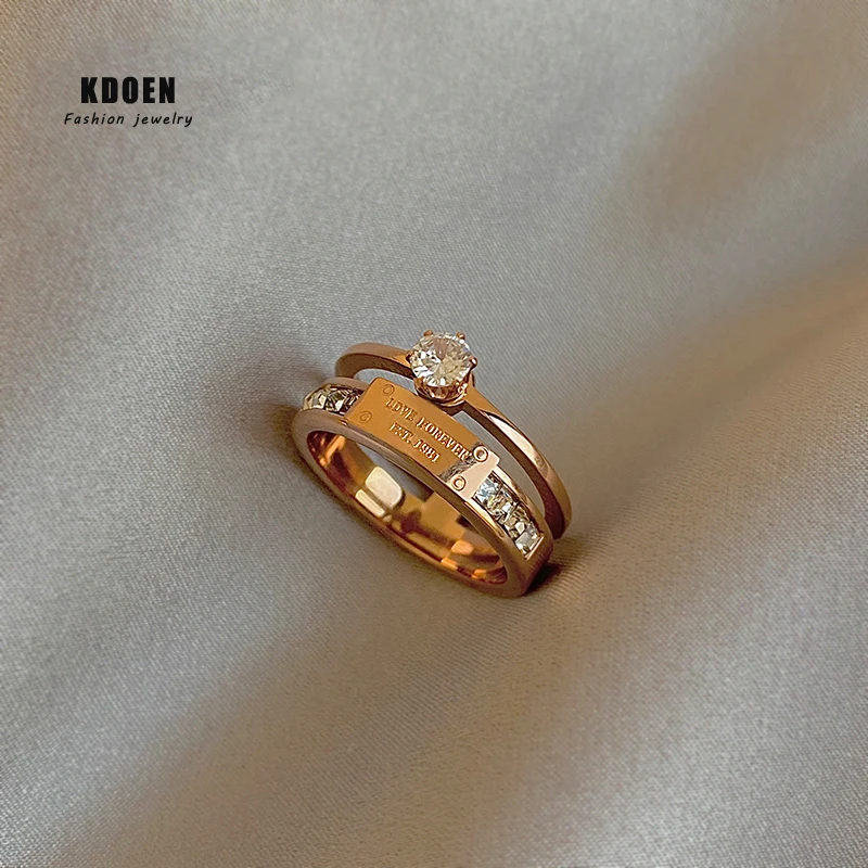2021 New Classic Titanium Steel Rose Gold Double Letter Rings For Woman Fashion Finger Jewelry Party Girl's Temperament Ring
