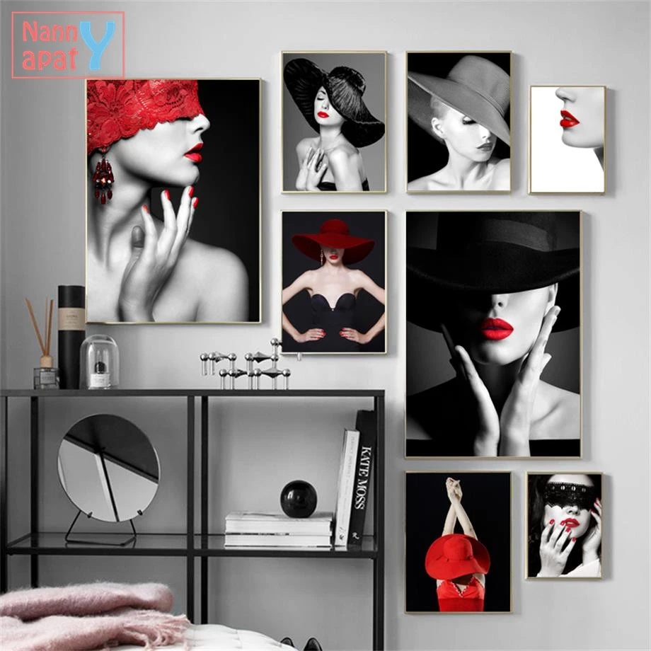 Black White Wall Art Picture Fashion Red Lips Sexy Model Girl Nordic Posters and Prints Wall Art Canvas Painting Home Decoration
