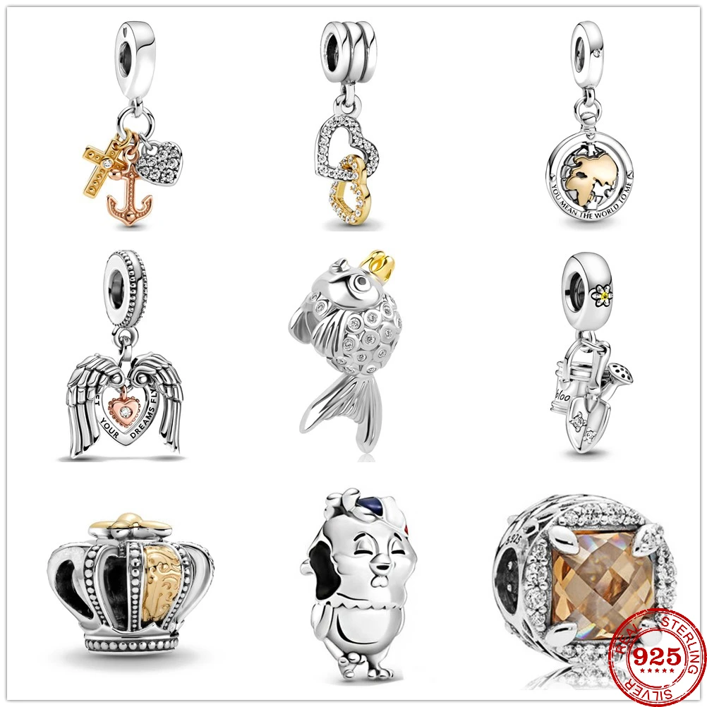 NEW Angel Wings & Heart Watering Can & Trowel Crown Dangle Charm Beads Fit Pandora Charms Silver 925 Original Jewerly Bracelet