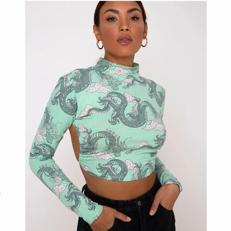 High Street Dragon Printed Women T-Shirts Sexy Backless Crop Top Long Sleeve Bandage Tops High Neck Lace Up T-Shirt Graphic Tees